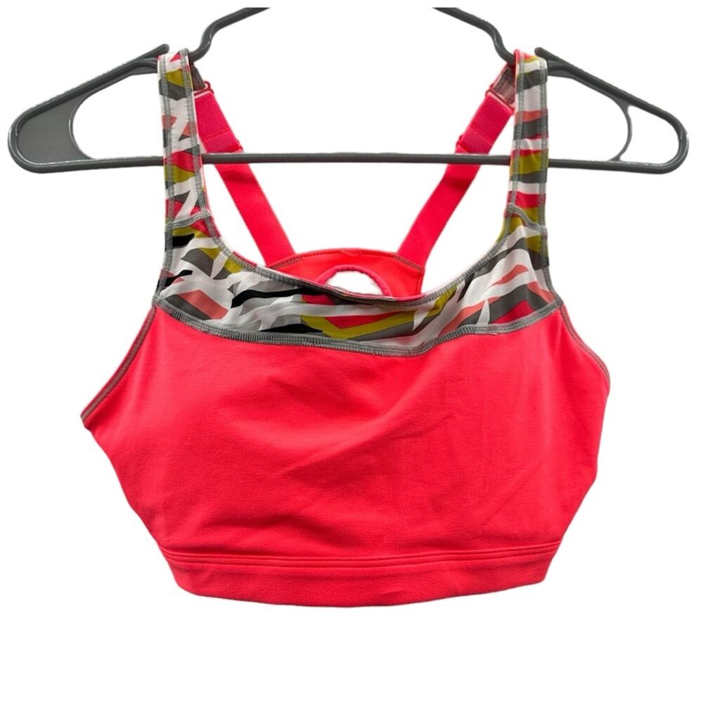 Fabletics Hot Pink & Multicolor Abstract Print Hook & Eye Sports Bra‎ Sz M
